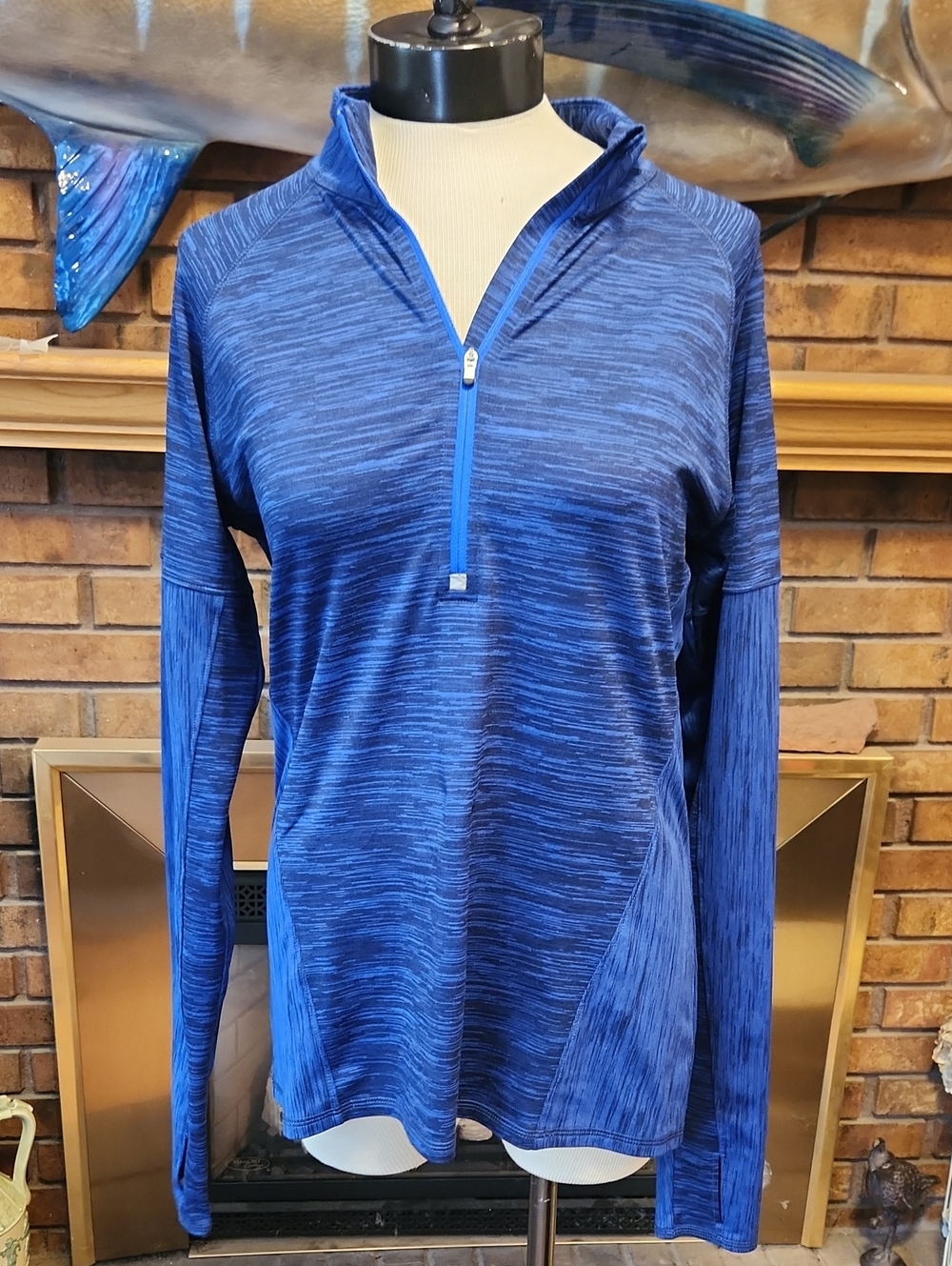 Athleta Royal Blue Black Heathered Performance 1/4 Zip Large Tall Base Layer